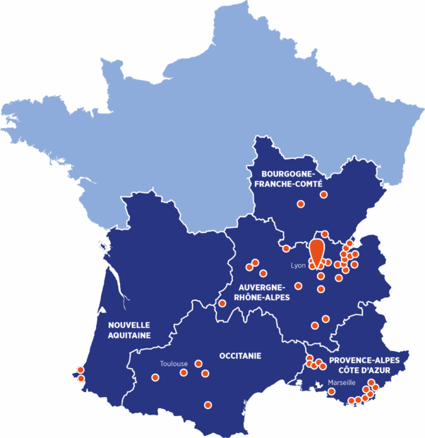 Carte de France avec les points de localisation des établissements et services d'Itinova.